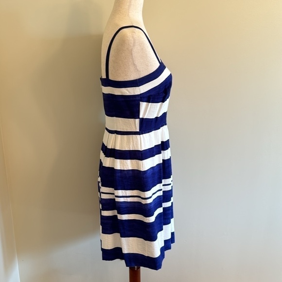LOFT Size 0 (Fits 2-4) Blue & White Striped Fit and Flare Midi Dress - Picture 8 of 14